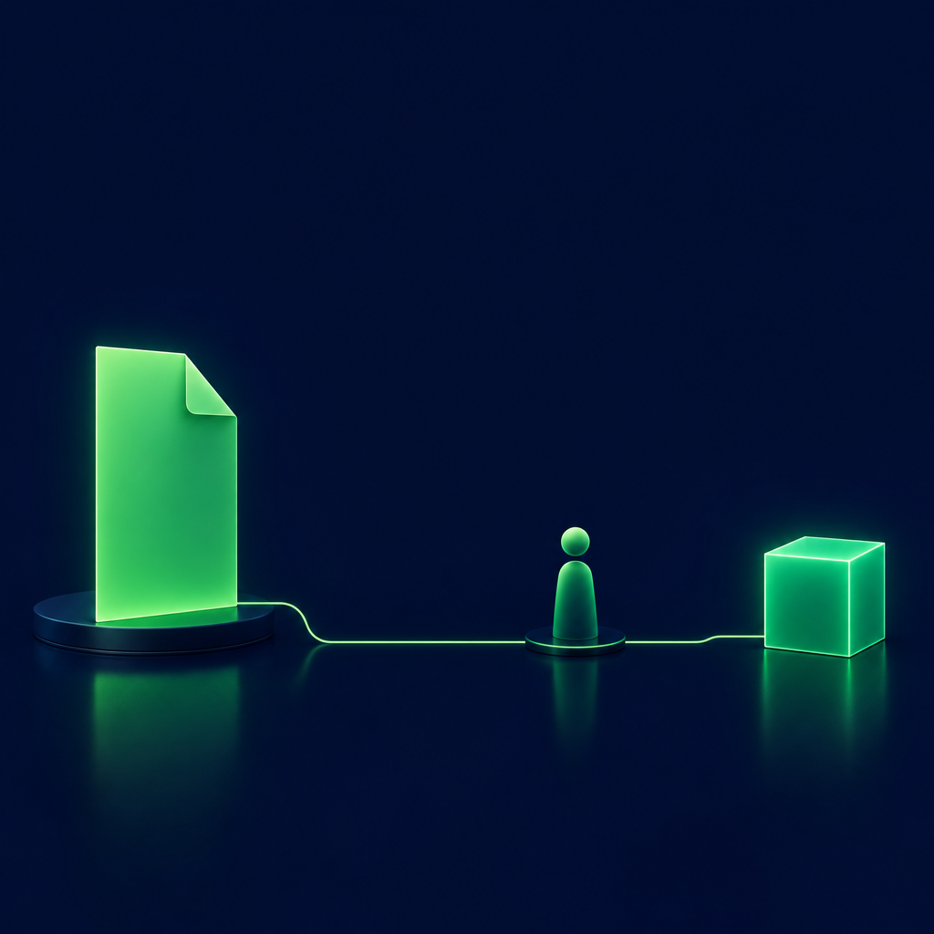 A glowing green document on a dark stage with a thin green line running to a small figure and on to a glowing cube.