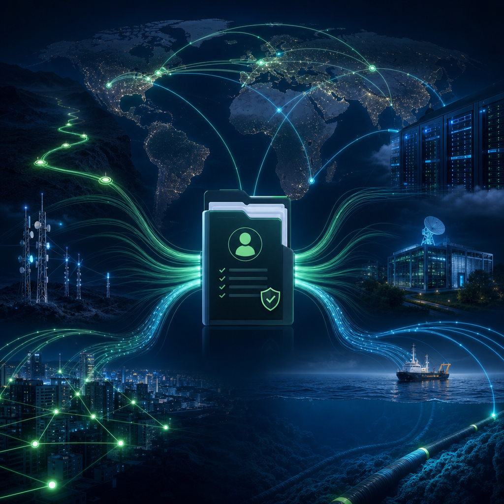 Abstract telecom sales intelligence network linking fiber routes, data centers, towers, verified prospects, and sales dossiers.