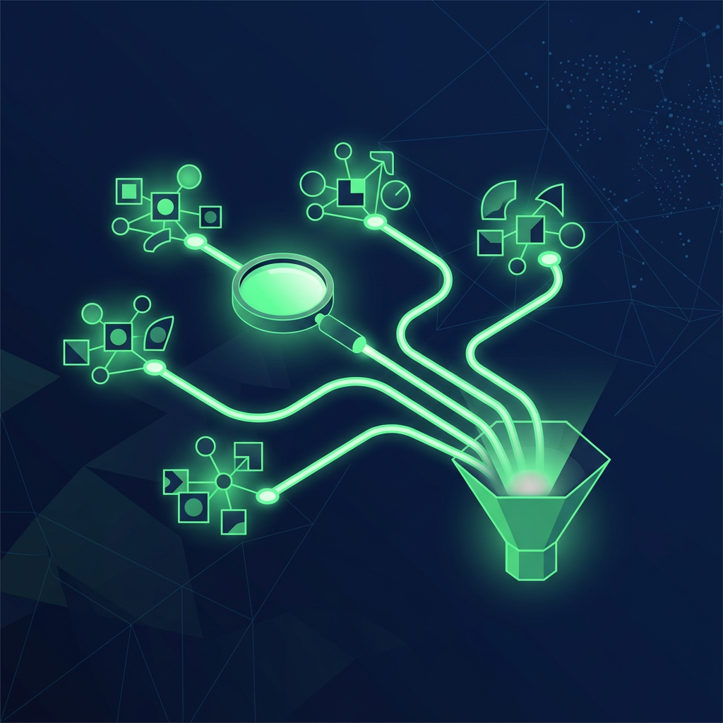 Text-free editorial vector scene on a deep navy background showing five distinct green-lit pathways from a search lens and constellation of answer nodes converging into a clean pipeline funnel, with subtle evidence cards represented only by geometric shapes, no logos, letters, numbers, labels, interface text, or watermarks.