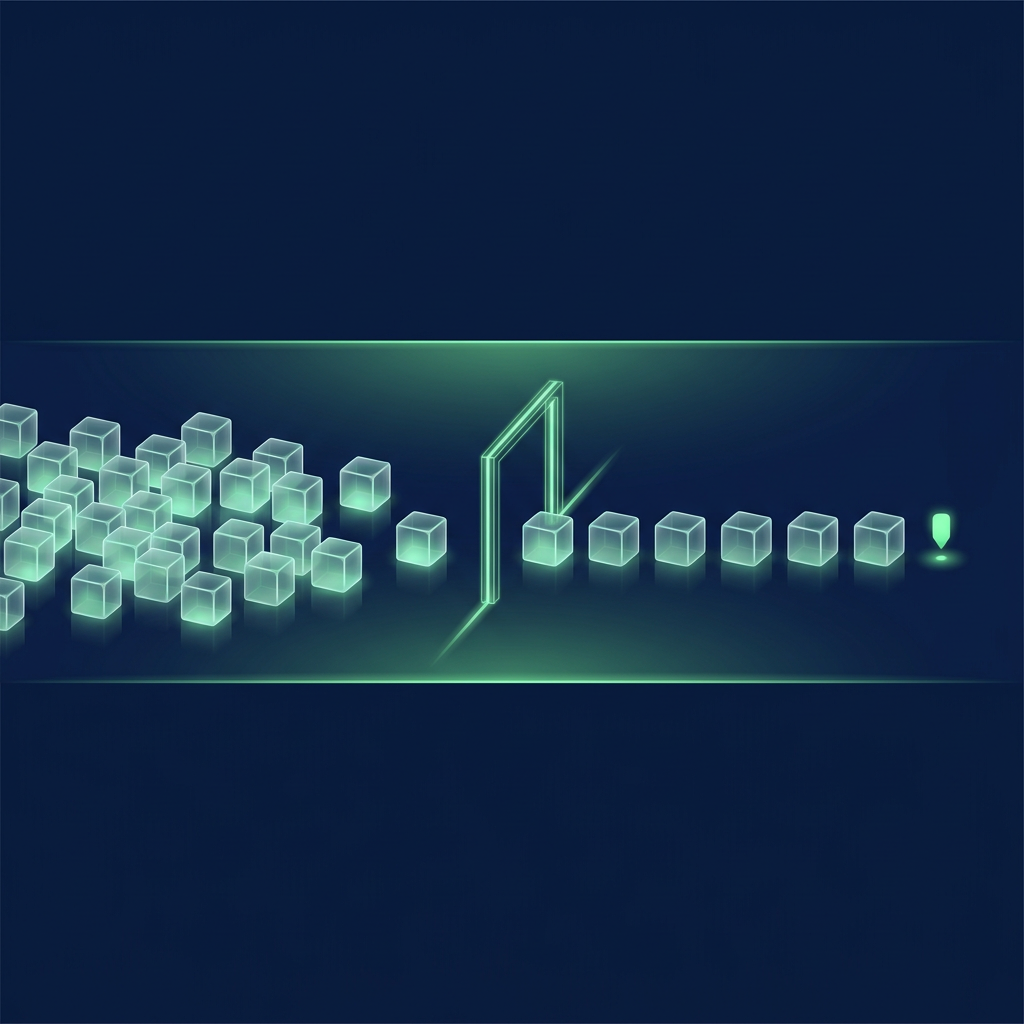 Many glass cubes on the left narrow through one glowing green gate, and a short row of eight cubes lines up beside a small green marker.