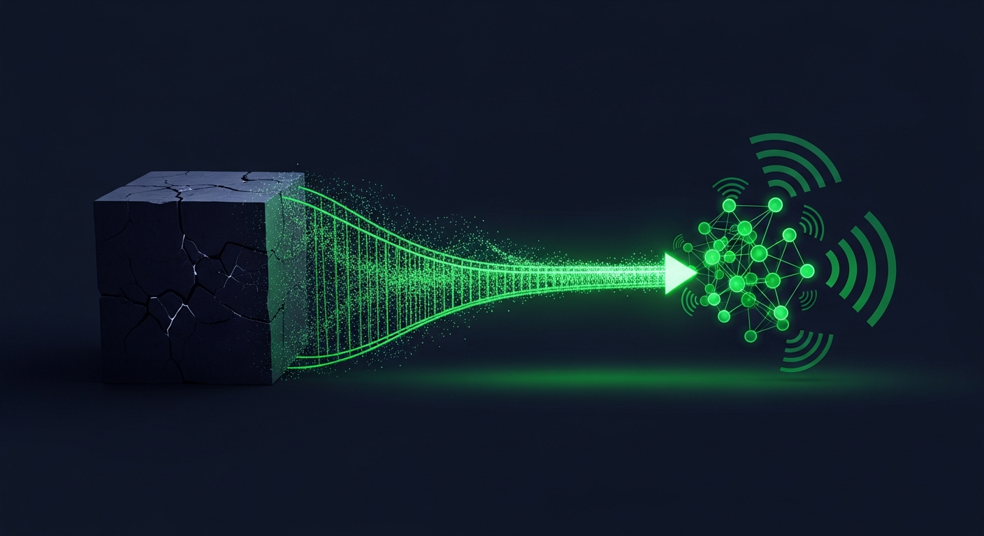 Editorial illustration of a large dim cracked monolithic cube dissolving into flowing particles that stream along a glowing green pathway and re-form into a vivid cluster of connected green signal nodes on a deep navy background, suggesting a smooth migration from an old platform to a nimble new one.