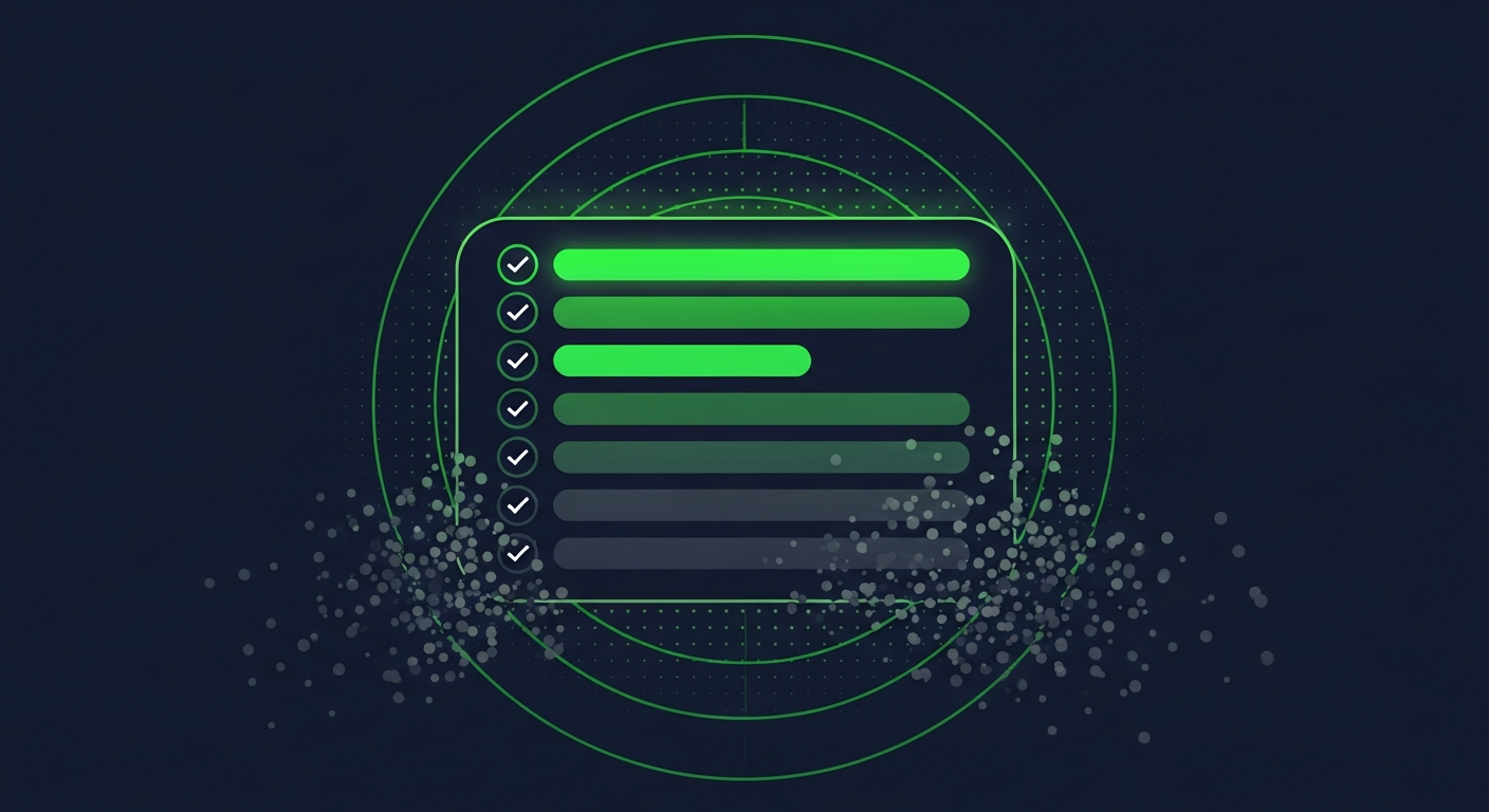 Editorial illustration on a deep navy background of a green ruled list panel assembling itself row by row from a verified-fit check mark and a fading recent-intent pulse, with stale dots decaying away at the edges.