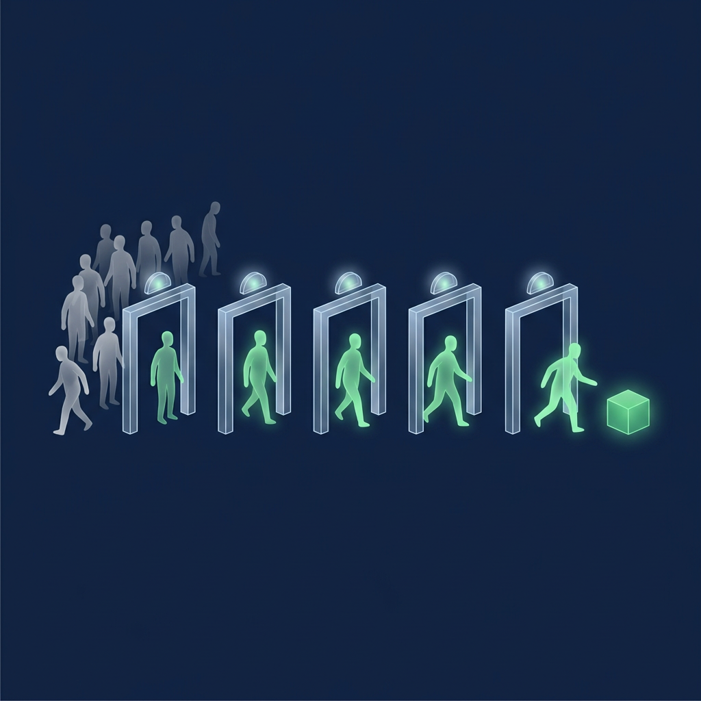 Five glass doorways in a row; grey figures queue and some turn away while green glowing figures pass through every doorway toward a lit green cube.