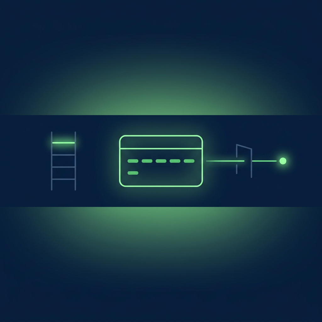 Text-free editorial vector illustration on a deep navy background, composition held inside a darker horizontal band across the middle of the frame with soft green-lit navy margins above and below: on the left a small four-rung ladder outlined in dim slate with only its top rung glowing spring green; in the centre a single rounded record card outlined in luminous spring green with a horizontal header line, a row of five short green dashes and one shorter bar beneath; from the card's right edge a thin glowing green line runs through a small open door-like gate outline to a single bright green dot; minimal flat shapes, subtle glow, no letters, numbers, labels or logos.