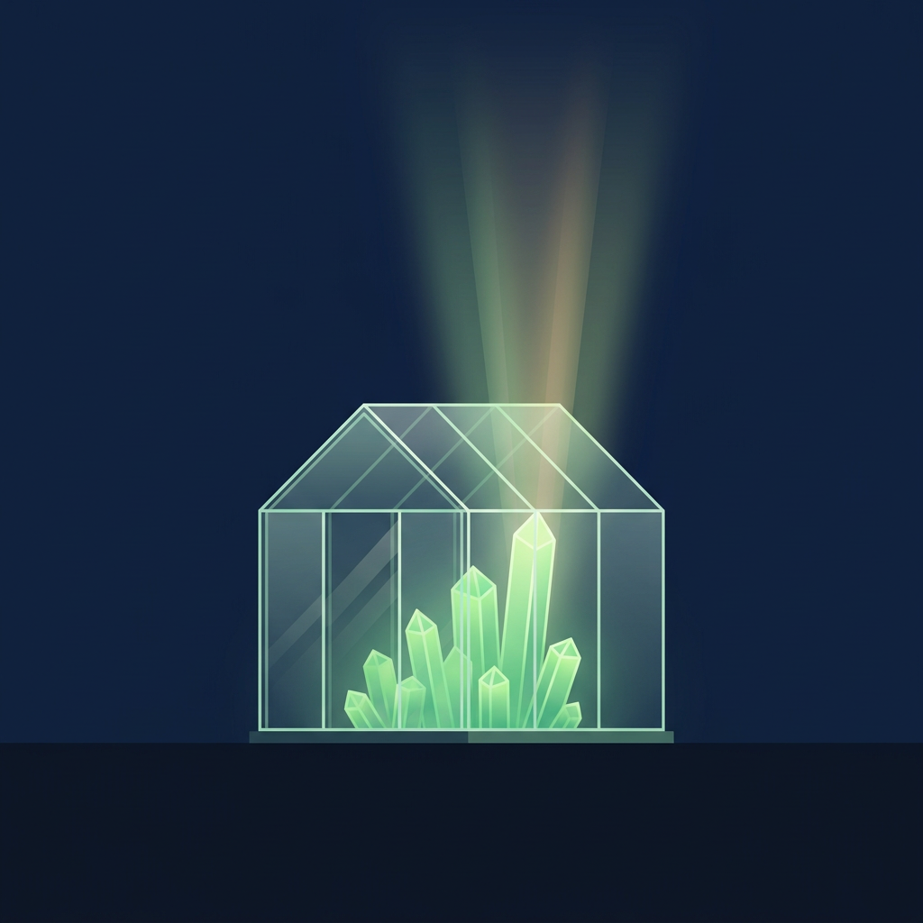 Editorial illustration on a deep navy background of a small glowing glass greenhouse containing a cluster of luminous green crystal columns of ascending heights, with soft light rays rising from the tallest column into the dark sky.
