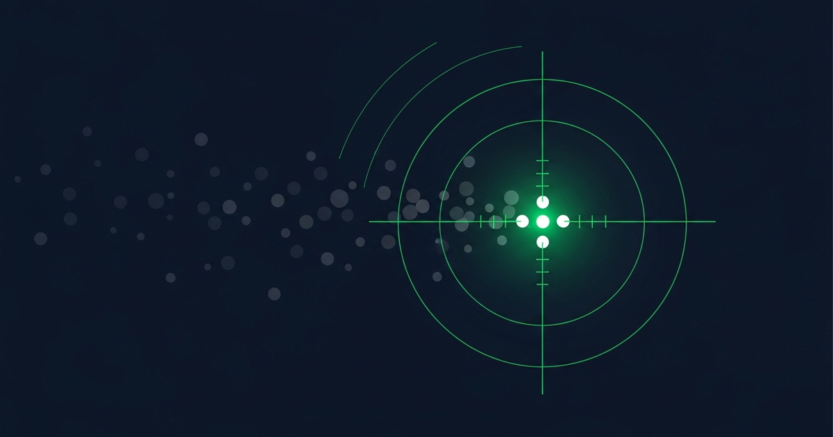 Editorial illustration of a green targeting reticle locking onto a small cluster of bright, verified prospect nodes while a faint scattered crowd of dim bulk-list dots is left behind, on a deep navy background.