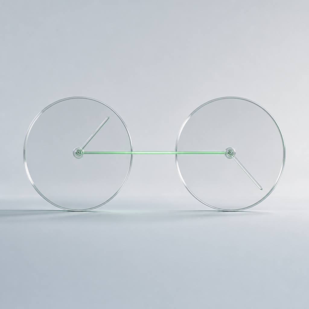 Two clear glass clock faces side by side with no numbers, a thin green line joining their centres, one hand on each pointing to a different position.
