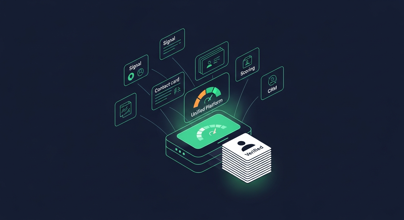 Editorial illustration on a deep navy background of a single glowing green platform console consolidating scattered point tools — a signal feed, a contact database, a scoring gauge, and a CRM — into one system emitting a neat stack of verified contact-card leads, suggesting a buyer intent leads platform.