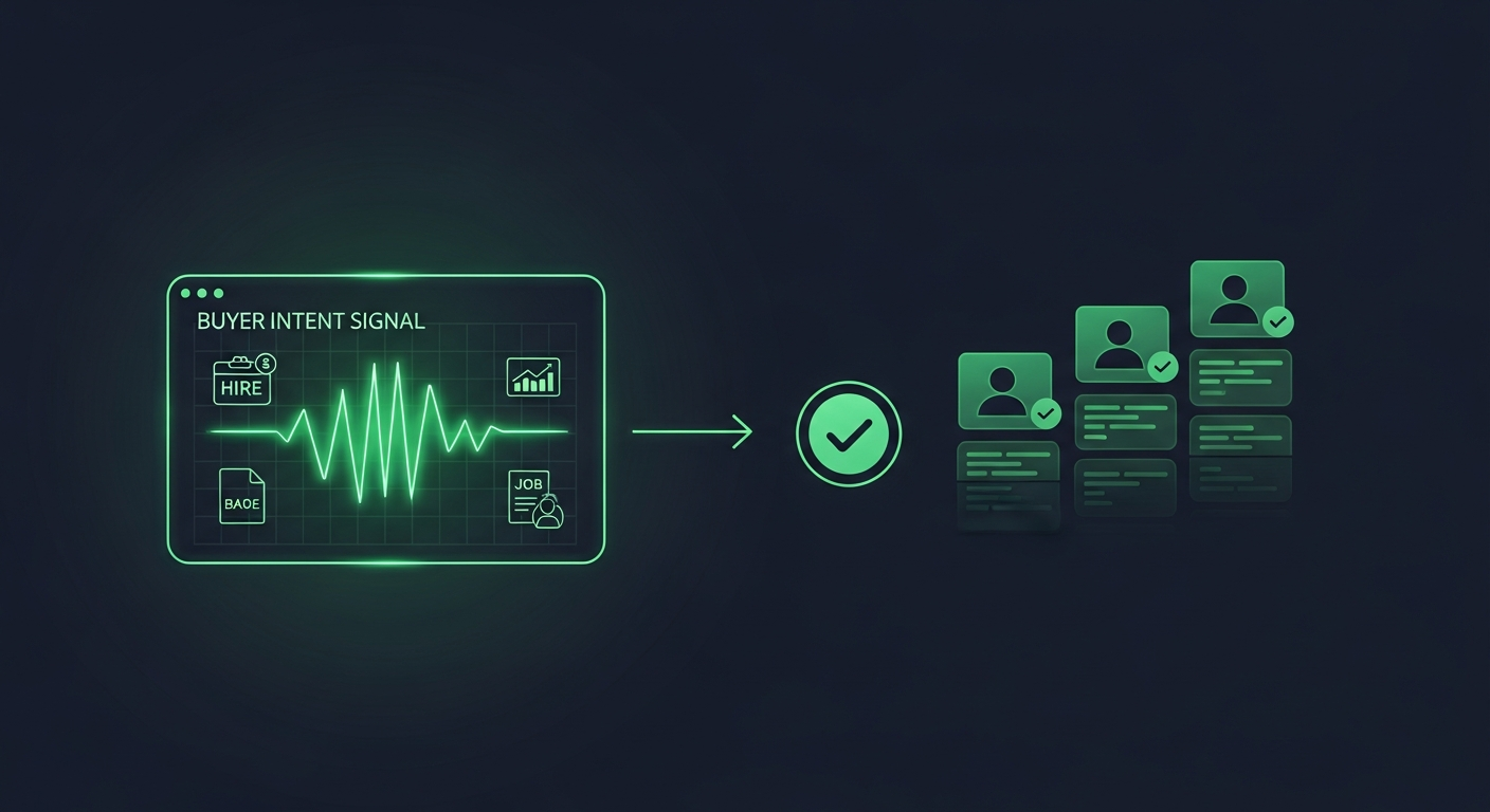 Editorial illustration on a deep navy background of a glowing green software panel reading buyer-intent signals on the left and emitting a neat stack of verified contact-card leads on the right, suggesting buyer intent leads software turning signals into action-ready leads.
