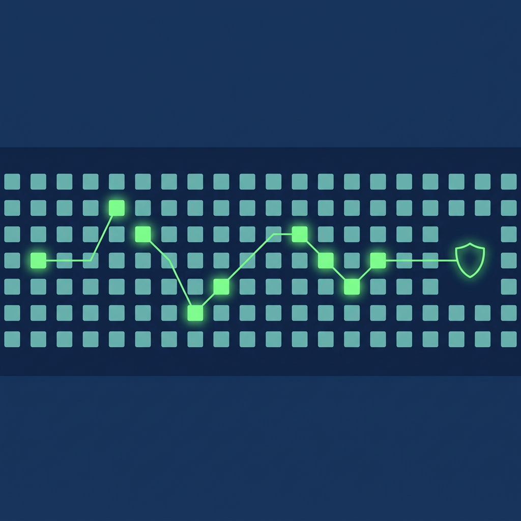 Text-free editorial vector illustration on a deep navy background, composition held inside a horizontal band across the middle of the frame with empty navy margins above and below: a grid of small soft-teal squares arranged in rows like a matrix; a few squares glow spring green; one thin spring-green line traces a path through the glowing squares from left to right and ends in a small outlined shield shape; minimal flat shapes, subtle glow, no letters, numbers, labels or logos.