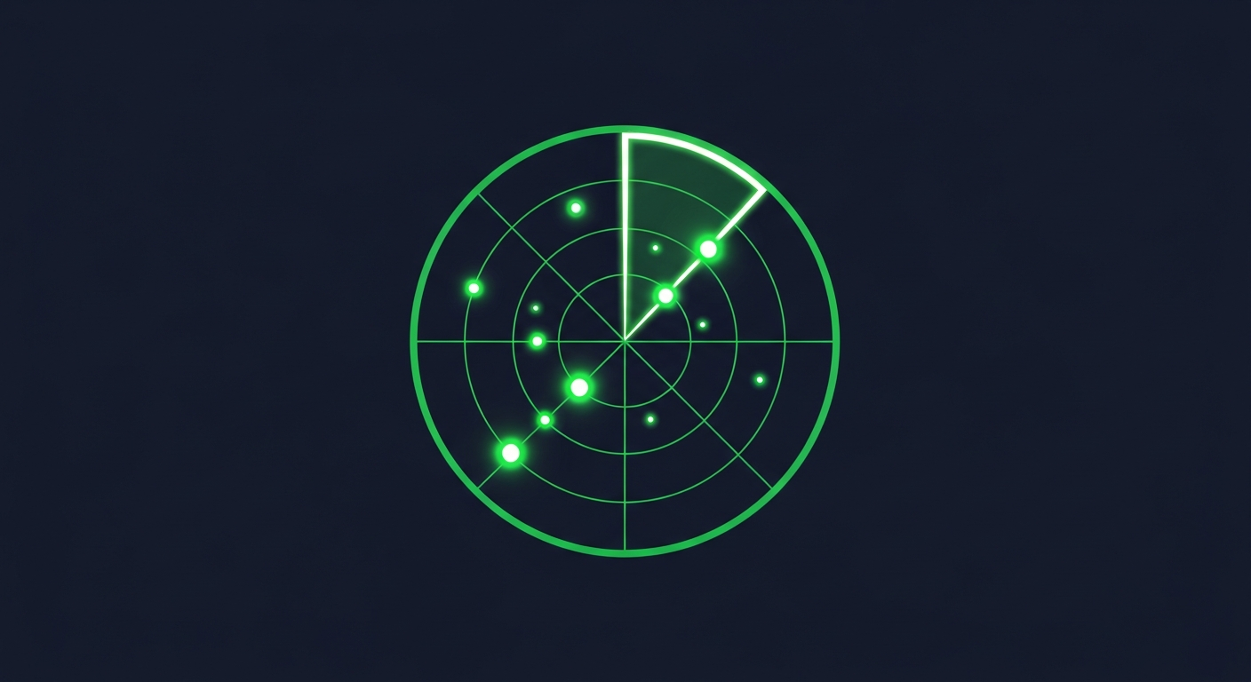 Editorial illustration of a green radar scope with several glowing dots on a deep navy background.