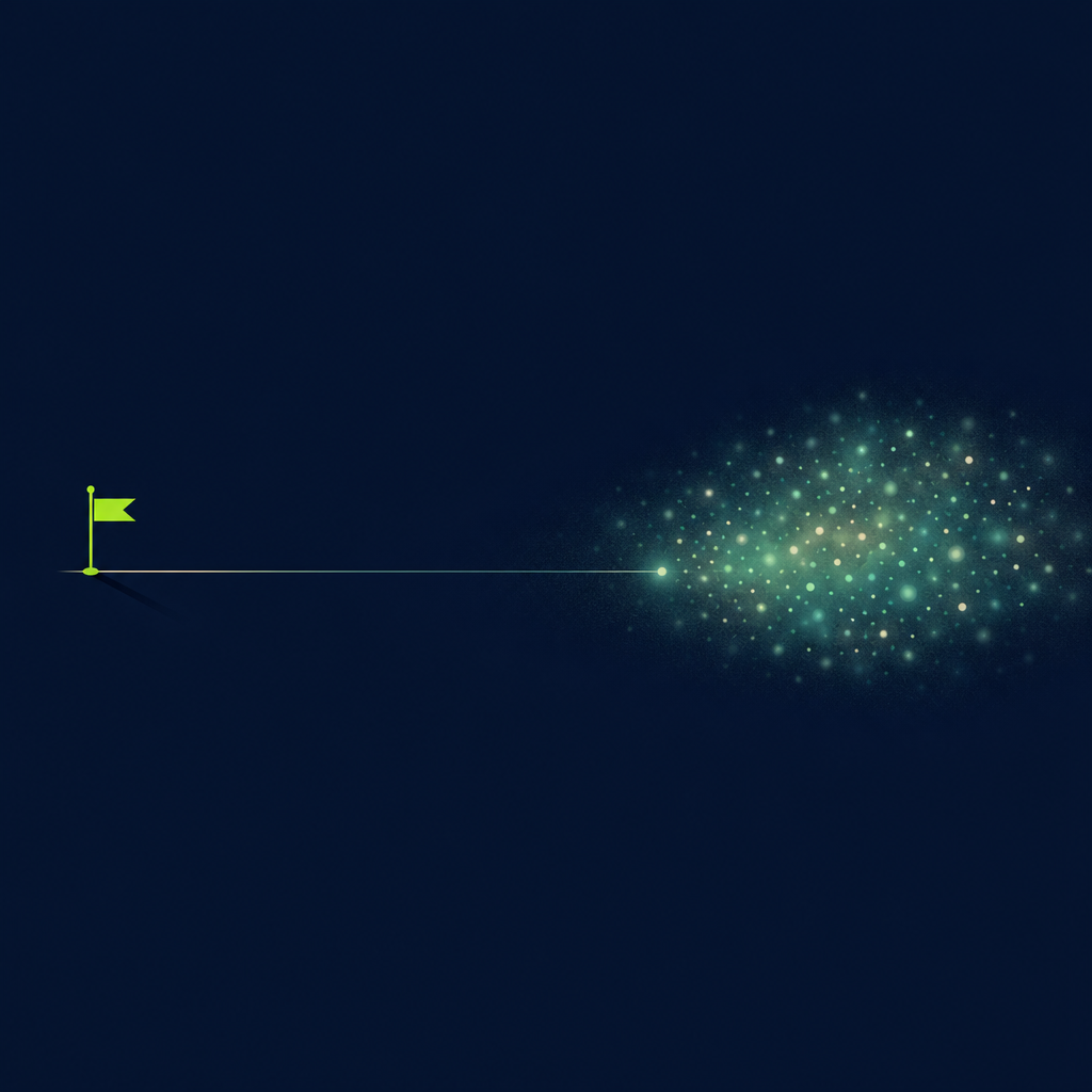 Editorial illustration contrasting one solid, sharply outlined green flag marker pinned to a thin timeline on the left with a diffuse cloud of softly glowing dots on the right, joined by a faint horizontal line across the middle of a deep navy field.