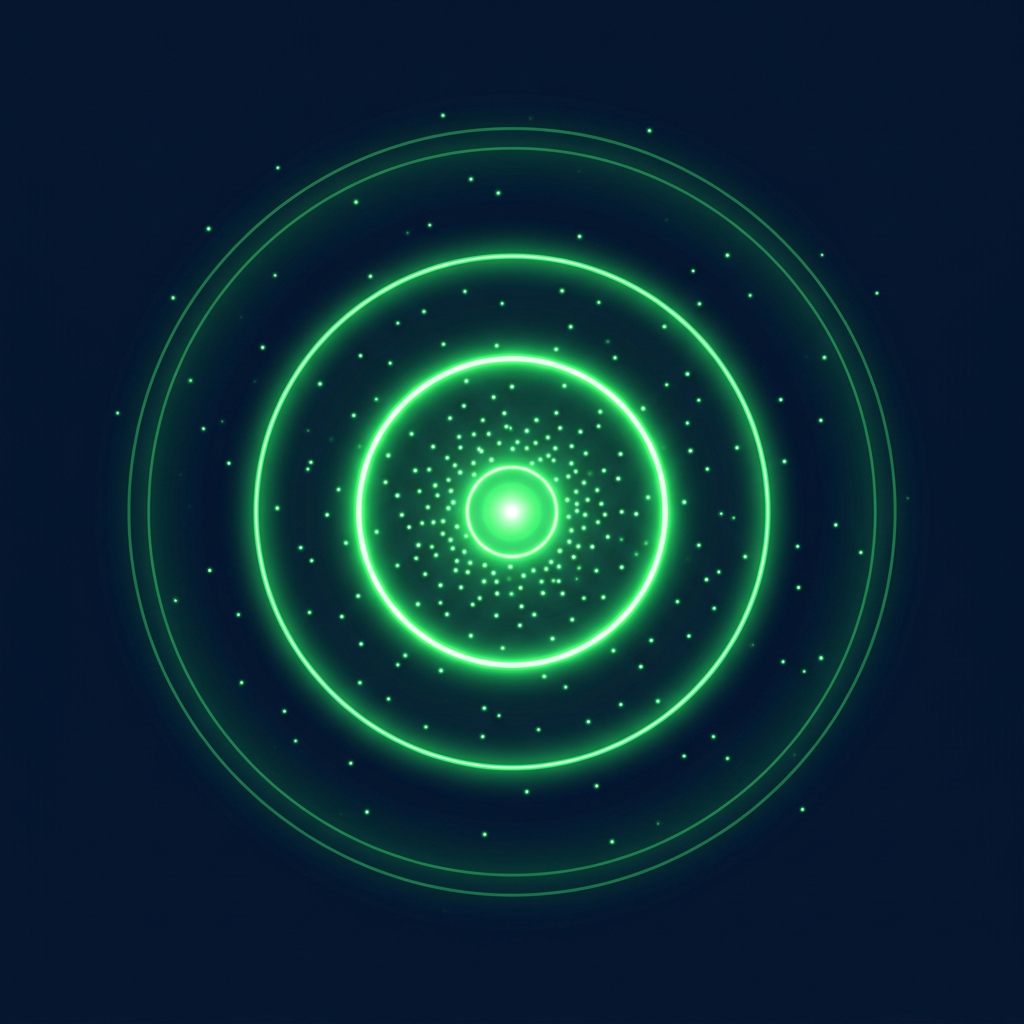 Editorial illustration on a deep navy background of three concentric glowing green rings narrowing toward a bright center target, with small company dots densest in the innermost ring.