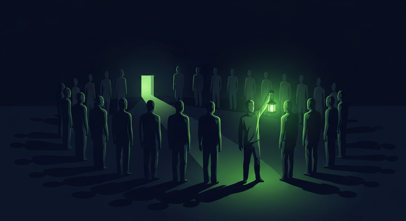 Editorial vector illustration on a deep navy background of a crowd of dim slate human silhouettes standing in darkness, with one central figure holding up a radiant green lantern that lights the figures nearest to it and a faint path toward a glowing doorway in the distance — the internal champion lighting the way for the buying group.