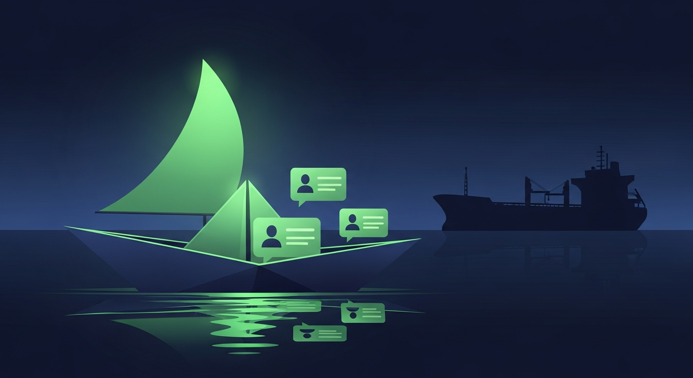 Editorial illustration of a small paper boat with a luminous green sail carrying three glowing contact-card icons across calm deep navy water, gliding past a large dim anchored cargo ship, suggesting a lean sales team keeping quality prospect data at a fraction of the cost.