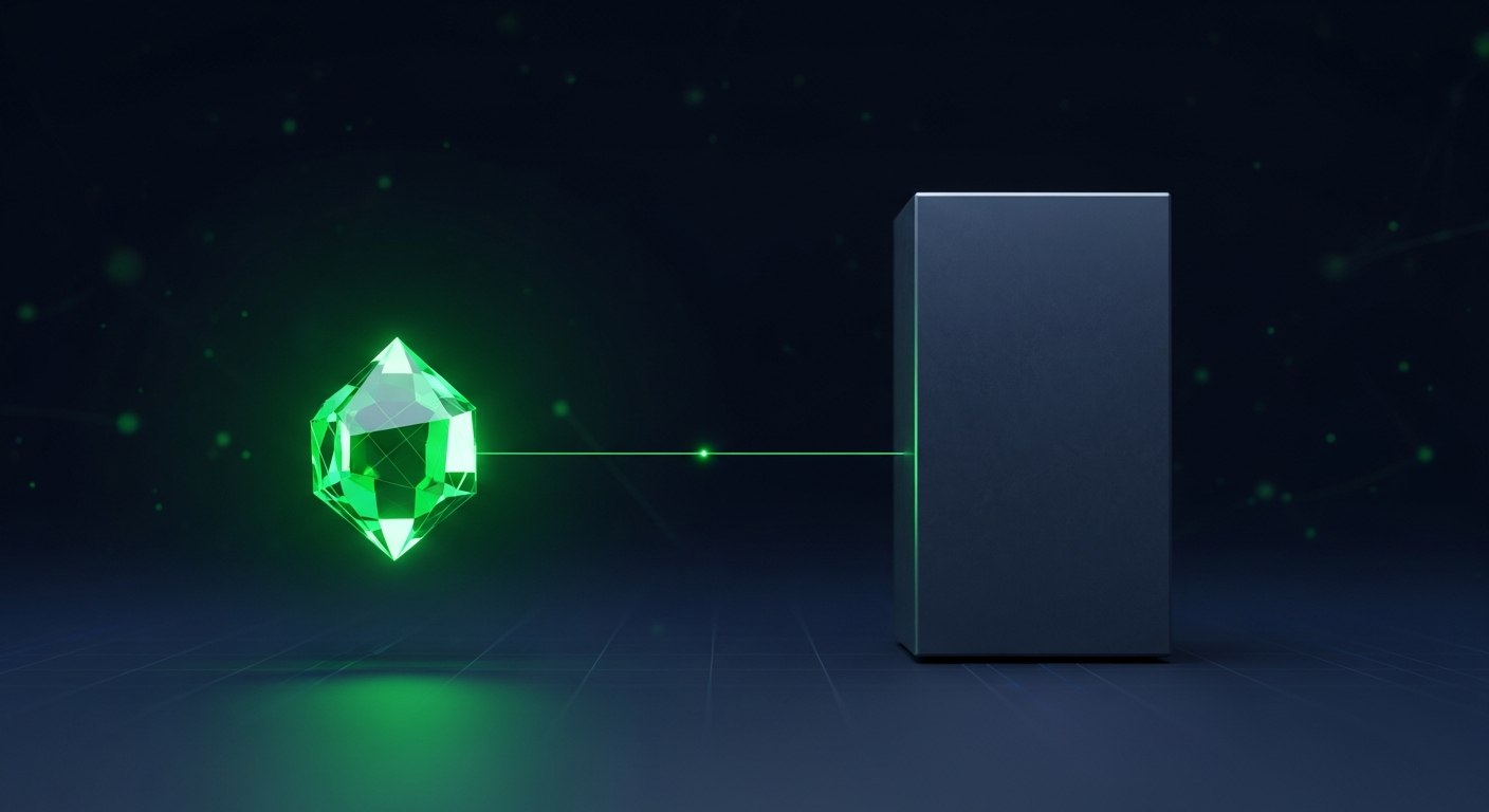 Editorial illustration of a small luminous green data crystal on one side of a deep navy scene balanced against a much larger dim block on the other, connected by a thin glowing thread, suggesting comparable quality at a smaller footprint and lower cost.