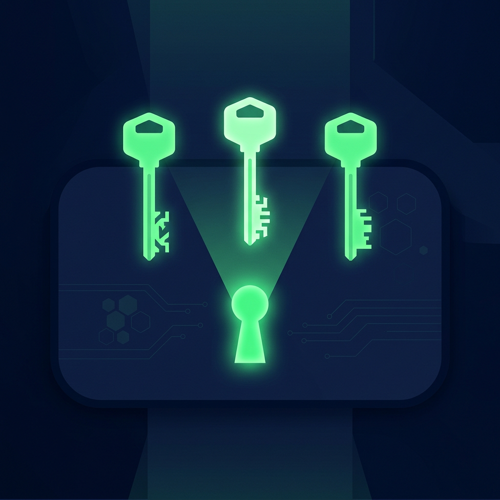Editorial vector illustration on a deep navy background: three luminous green keys with clearly different geometric cuts hover above a single glowing keyhole set into a dark panel, the middle key glowing brightest — choosing the one tool that truly fits the business.
