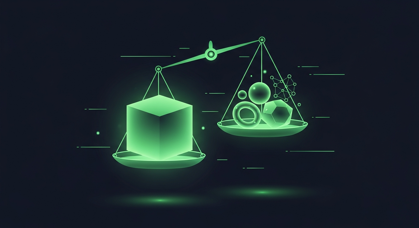 Editorial illustration of a luminous green balance scale on a deep navy background, one pan holding a single large glowing cube and the other holding a cluster of smaller varied shapes — a sphere, a ring, a hexagon, and connected nodes — suggesting the act of weighing one large platform against a set of alternatives.