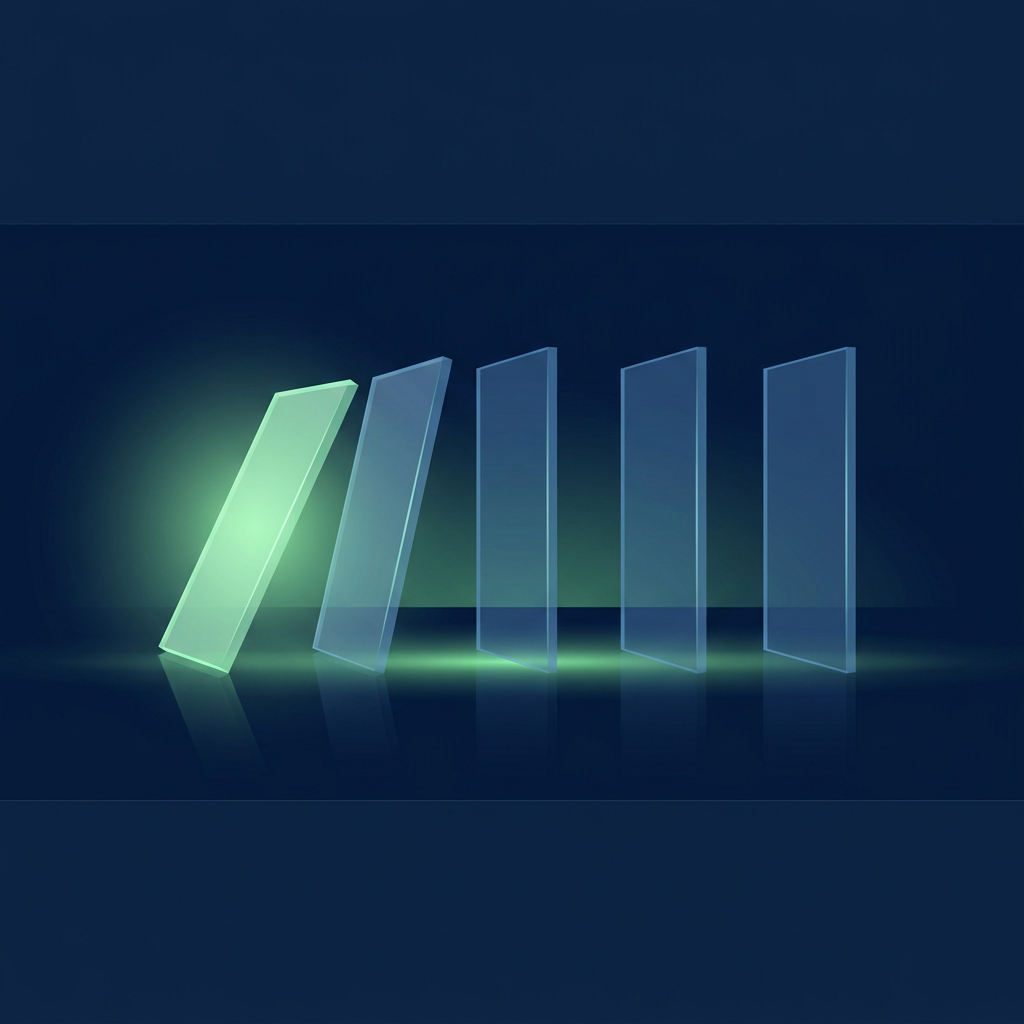 Five upright glass tiles in a row, the first tipped forward and glowing green as if the motion is passing along to the others.