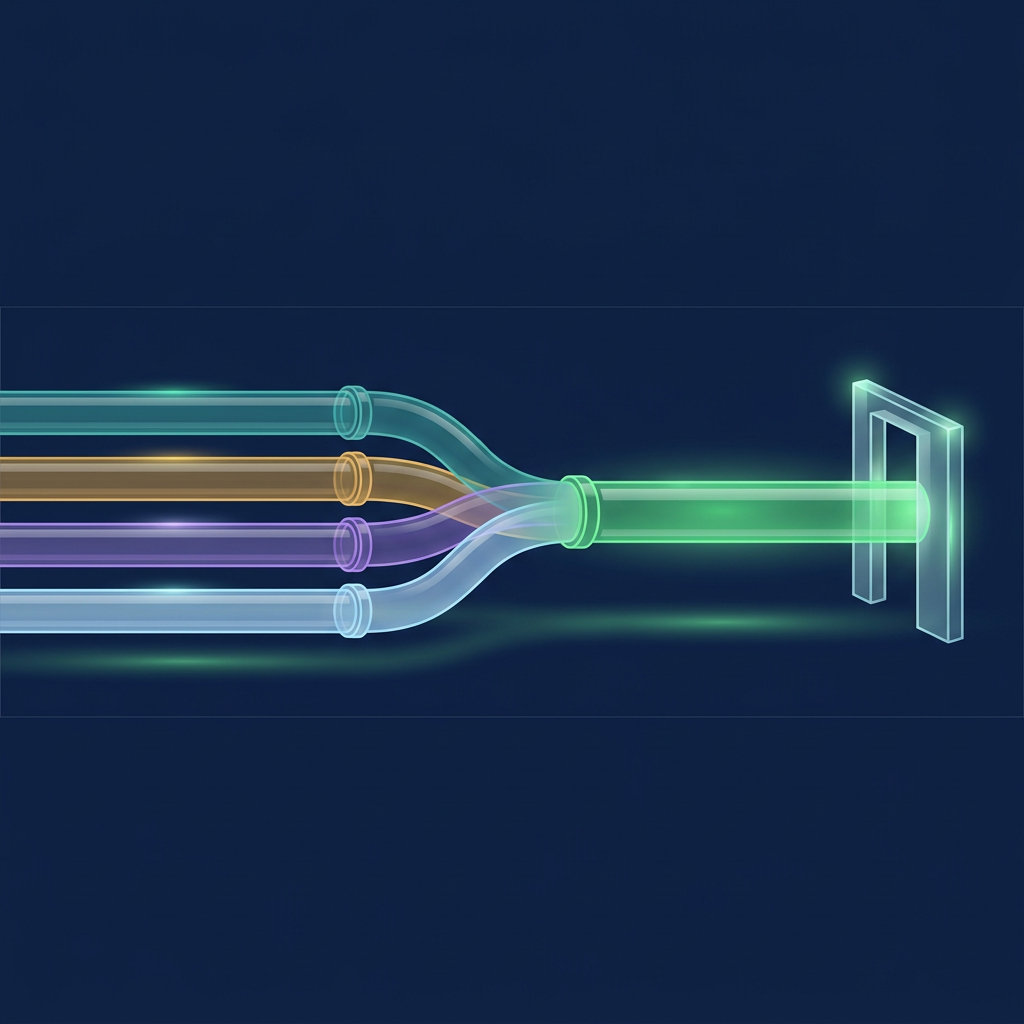 Four translucent glass pipes of different tints merging into one wide glowing green channel that runs to a lit glass gate frame on the right.