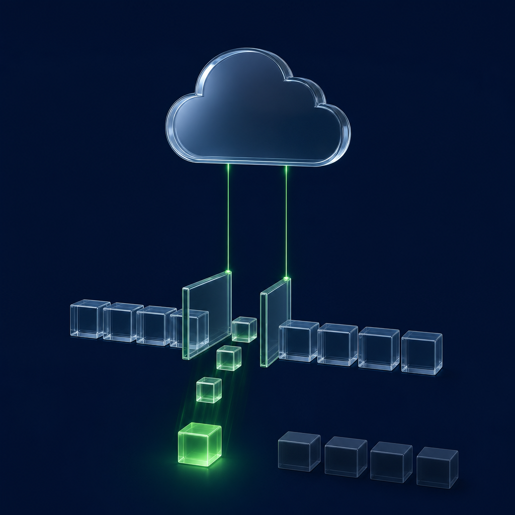 A glass cloud sends two green lines down to a row of glass blocks, where an open gate lets a few small blocks through to one glowing green cube while dim blocks stay aside.