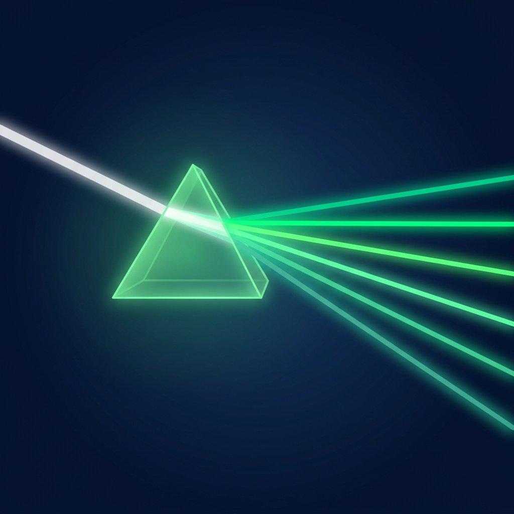Editorial vector illustration on a deep navy background: a single beam of light enters a luminous green triangular prism and splits into several distinct glowing rays of different brightness fanning to the right — one platform refracted against a spread of alternatives.