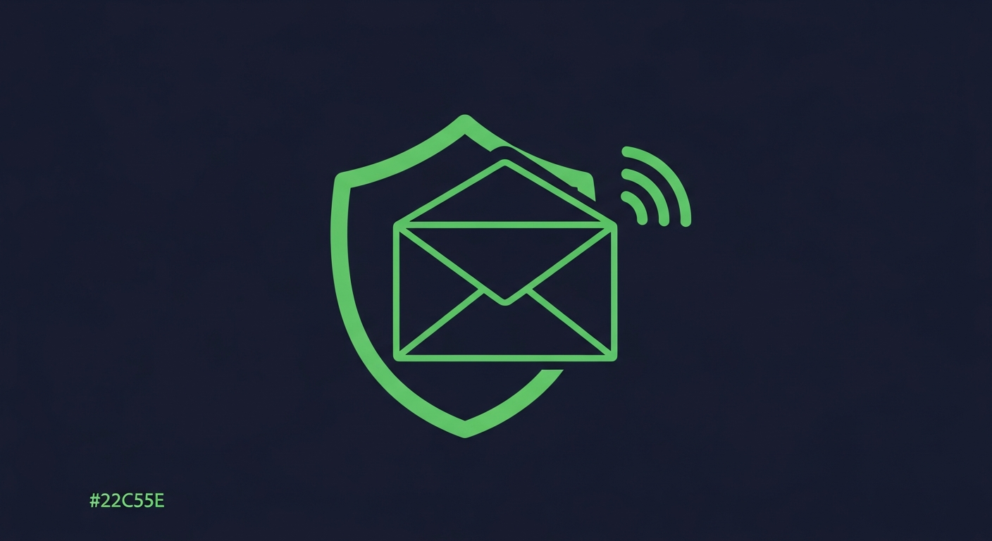 Editorial illustration of a green envelope outline passing through a circular shield ring on a deep navy background, suggesting protected delivery.