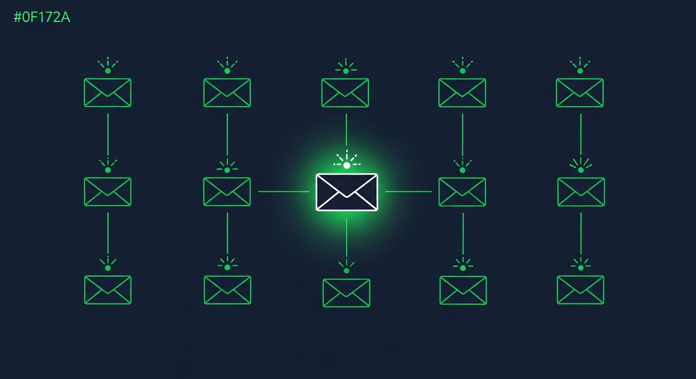 Editorial illustration of a grid of green envelope outlines on a deep navy background, each connected to its own small signal node, suggesting per-message personalization at scale.
