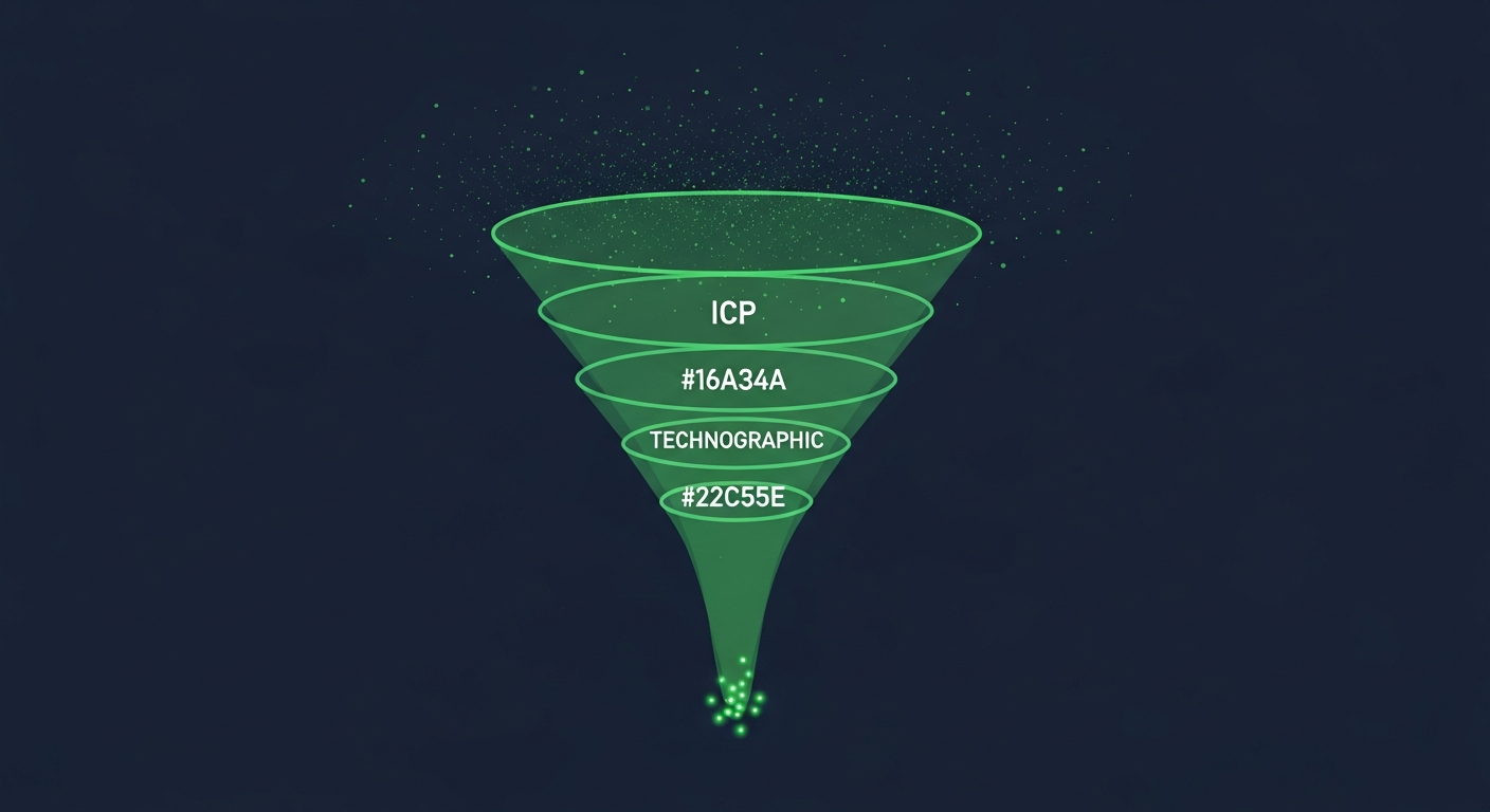 Editorial illustration of four nested green funnel layers on a deep navy background narrowing a noisy field of dots down to a small bright cluster, representing ICP, firmographic, technographic, and intent filters.