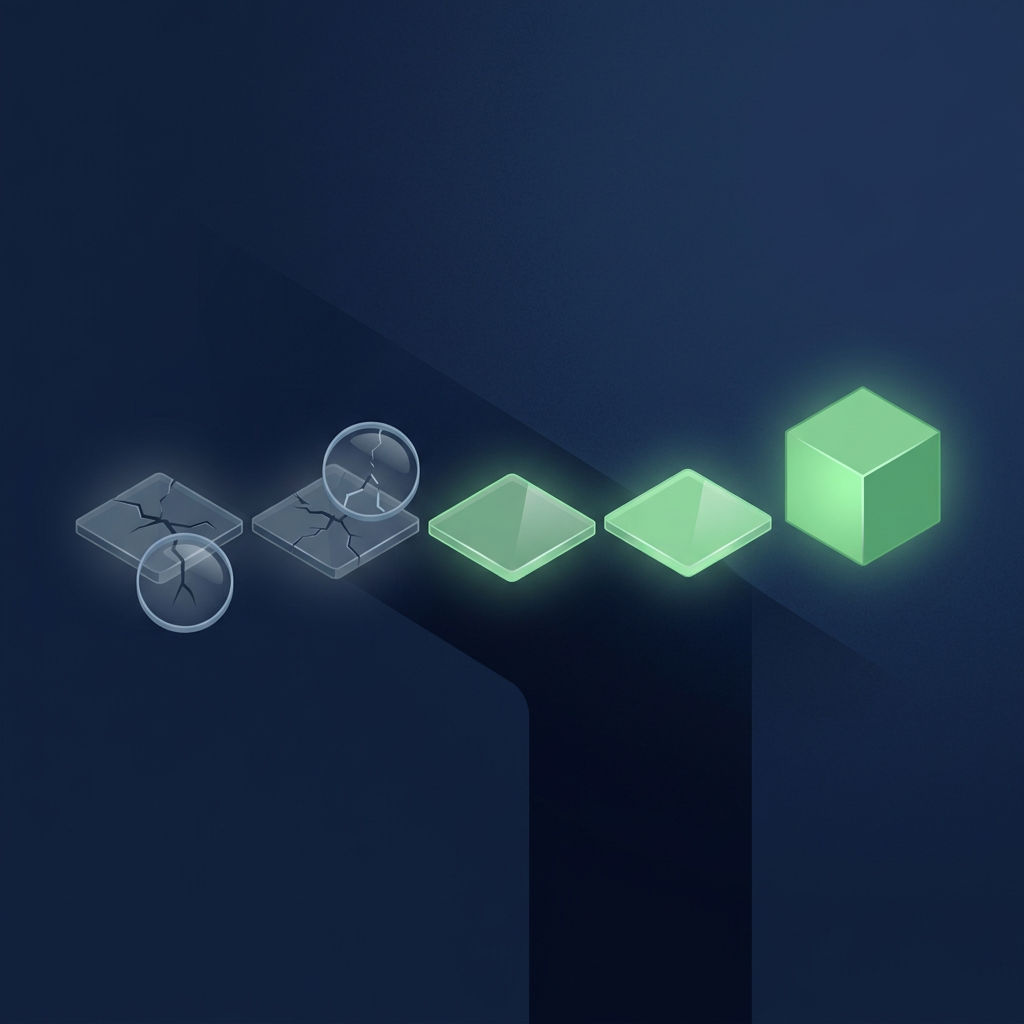 A path of four glass tiles toward a green cube; the first two are cracked and dim, each under a small magnifying lens, and the last two glow green.