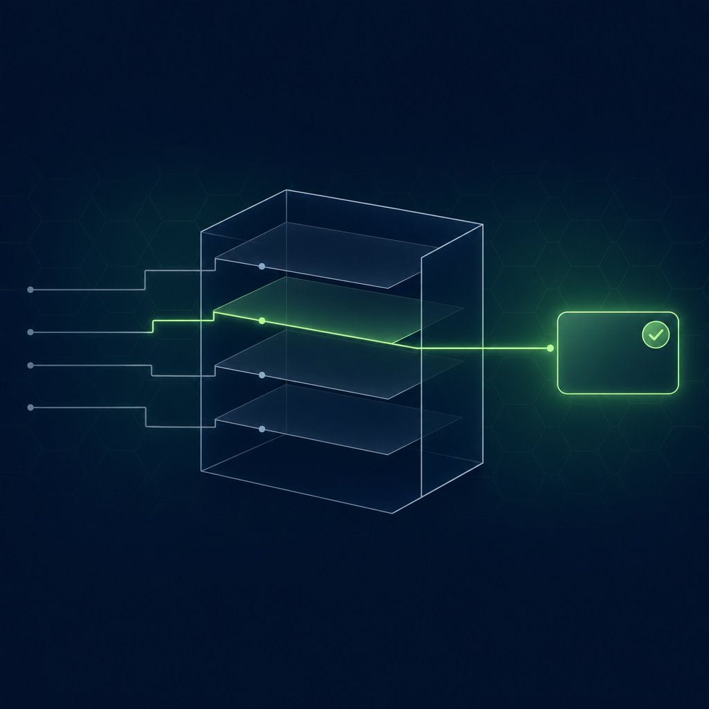 Text-free editorial vector illustration on a deep navy background: a hollow room drawn as a thin-lined open cube sits in the centre of a horizontal band, divided inside by four thin translucent horizontal shelves; several faint grey-blue traces enter the room from the left edge and end at small dots on the shelves, and one luminous green trace passes through the second shelf and exits the right wall to a single plain rounded card that carries a small round check-mark badge; a faint hexagonal grid sits behind the band; minimal, subtle glow, no letters, numbers, labels or logos.