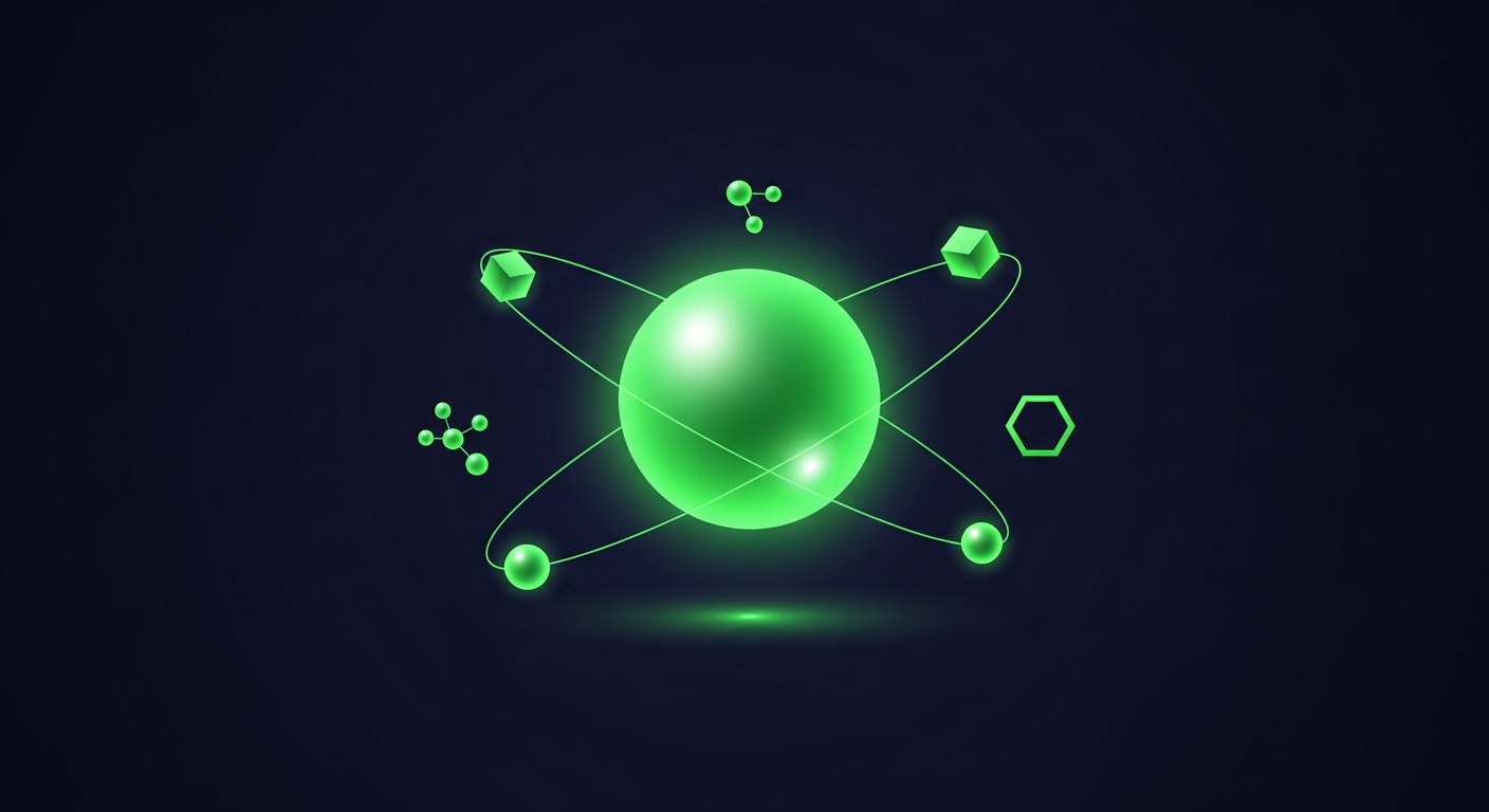 Editorial illustration of one large glowing green sphere at the center of a deep navy scene, orbited by a constellation of smaller distinct luminous shapes — cubes, rings, hexagons, and clusters of connected nodes — each on its own orbital ring, suggesting a family of similar companies arranged around one well-known platform.