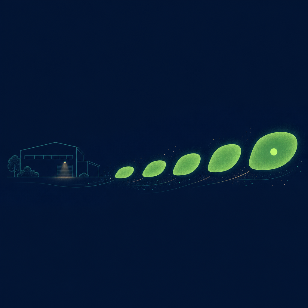 Text-free editorial vector illustration on a deep navy background, composition held inside a horizontal band across the middle of the frame with empty navy margins above and below: a single soft teal building outline at the left; to its right, five luminous spring-green footprint-like rounded shapes step from left to right in a rising diagonal, each slightly larger than the last; the fifth and largest shape holds a small solid glowing dot at its centre; minimal flat shapes, subtle glow, no letters, numbers, labels or logos.