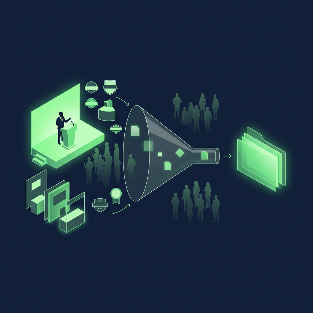 Text-free editorial vector illustration on a deep navy background showing a luminous green conference stage, public speaker podium, exhibitor booths and sponsor badges feeding through a transparent verification funnel into a single clean prospect dossier, with ambiguous crowd silhouettes remaining outside the funnel; minimal geometric composition, subtle green glow, no letters, numbers, logos, labels or interface text.