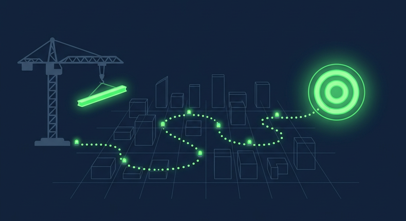 Editorial illustration of a dark slate construction crane lifting a luminous green beam over a blueprint-style grid of building outlines, with a winding trail of glowing green beacon dots converging on a bright green target ring.