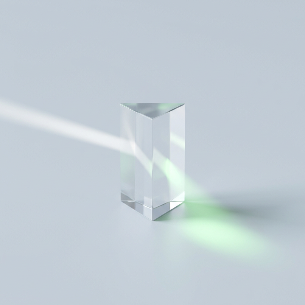 A single clear glass prism stands on a pale surface while a soft beam of light passes through it and leaves as a gentle green glow.