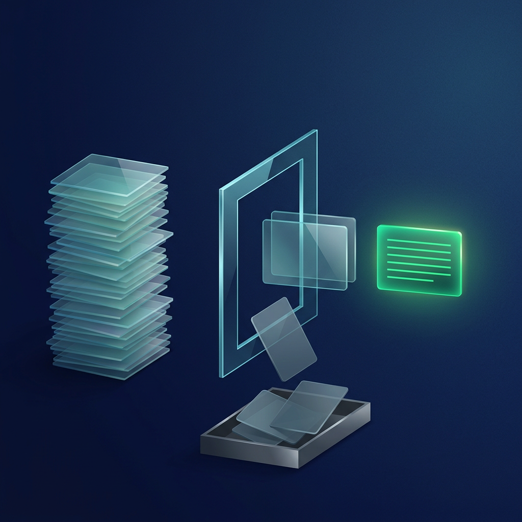 A tall stack of glass cards passes through a glass frame that lets one pair through, leaving a single glowing green card with six lines; the rest fall into a tray.