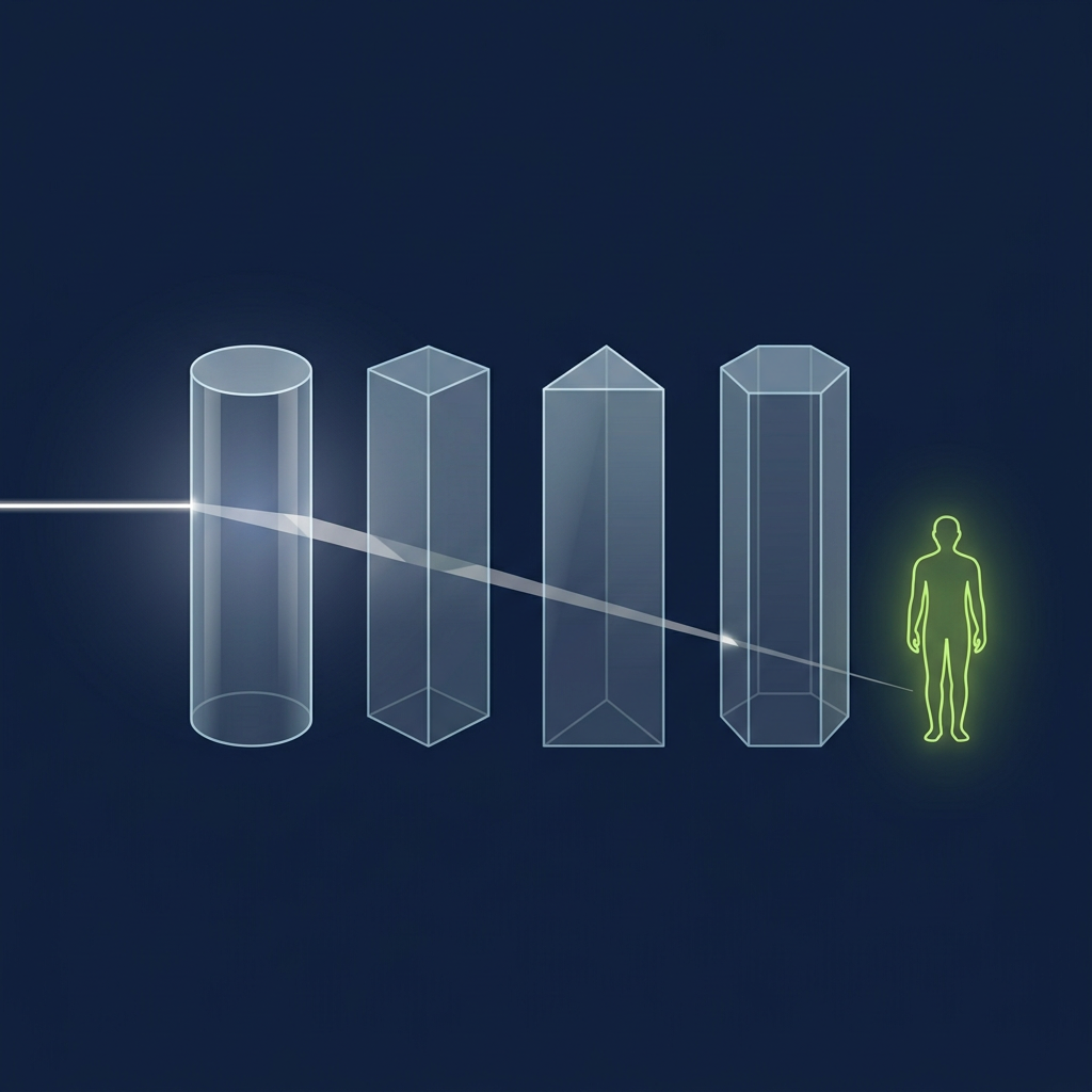 Four translucent glass prisms in a row, round, square, triangular and hexagonal, with a thin line of light crossing them toward a glowing green human figure outline on the right.