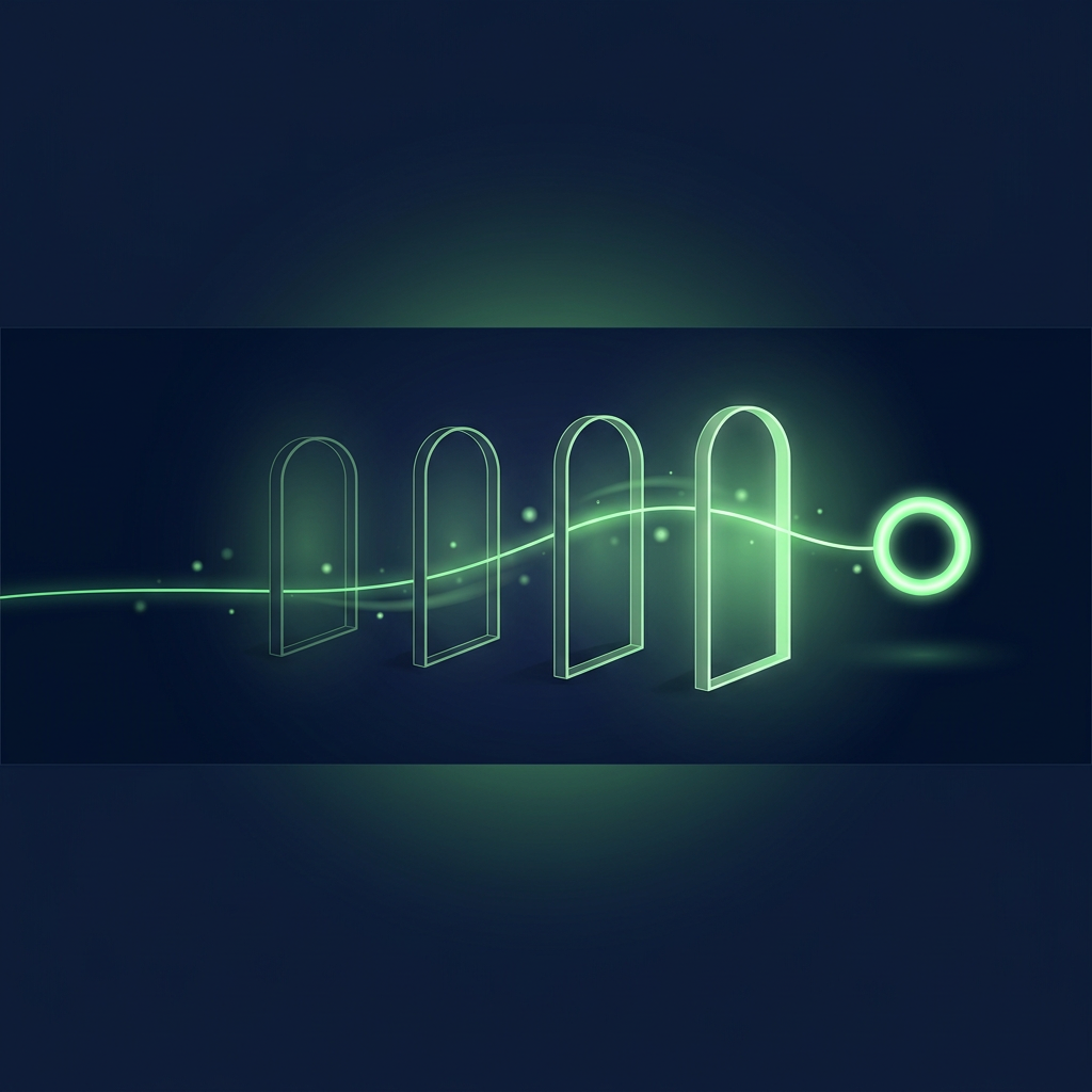 A glowing green thread passes through four luminous arches on a deep navy field and ends at a bright ring.