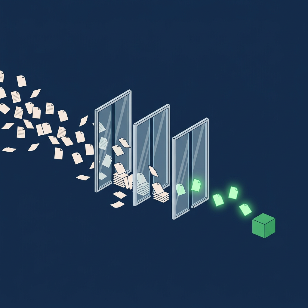 Many pale document shapes drifting toward three glass gates, with a few passing the last gate as green documents and ending at a small green cube.