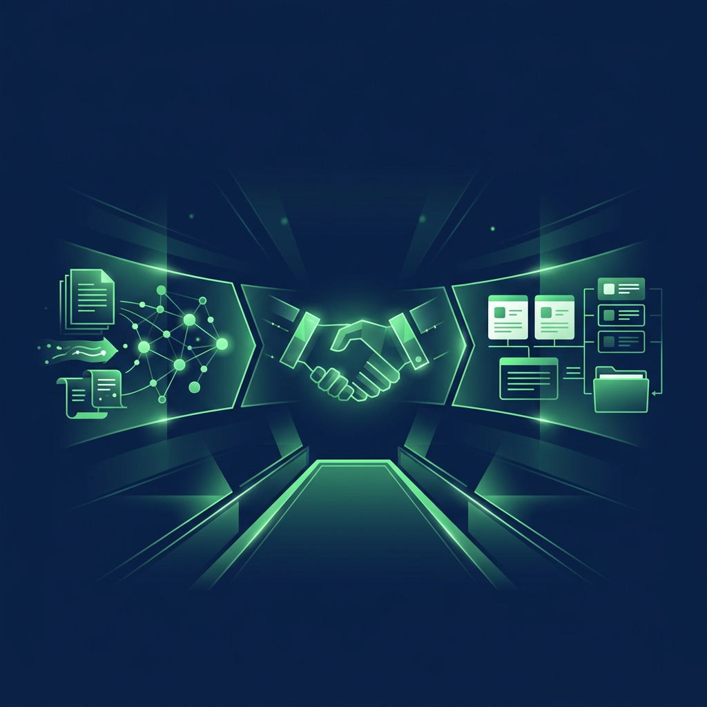 Text-free editorial vector illustration on a deep navy background showing a green-lit conference tabletop aisle flowing into three stages of a pipeline runway—public research, an in-person handshake, and organized follow-up cards—using only abstract icons and shapes with no people likenesses, logos, letters, numbers, labels, badges, interface text, or watermarks.