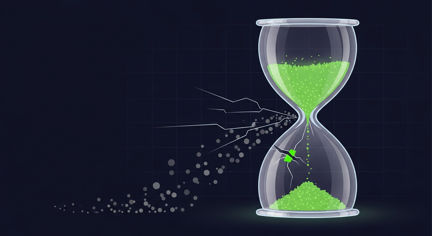 Editorial vector illustration on a deep navy background of a large translucent hourglass whose upper chamber holds luminous green energy particles — thin cracks in the glass let dull grey particles leak out sideways and drift into the dark, while a bright green patch seals one crack near the waist, suggesting sales time and budget quietly leaking through bad data.