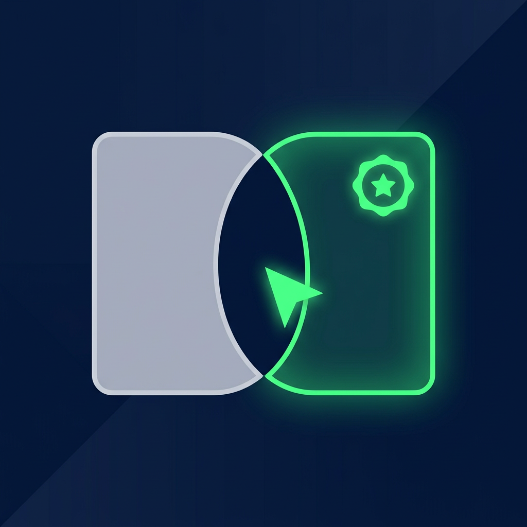 Editorial vector illustration on a deep navy background: two overlapping rounded panels forming a Venn-style intersection, the left panel a soft grey, the right panel glowing luminous green with a small badge shape in it, and a green pointer arrow choosing the overlap region. Clean and minimal, no text, no numbers, meaning carried by shape and color alone.