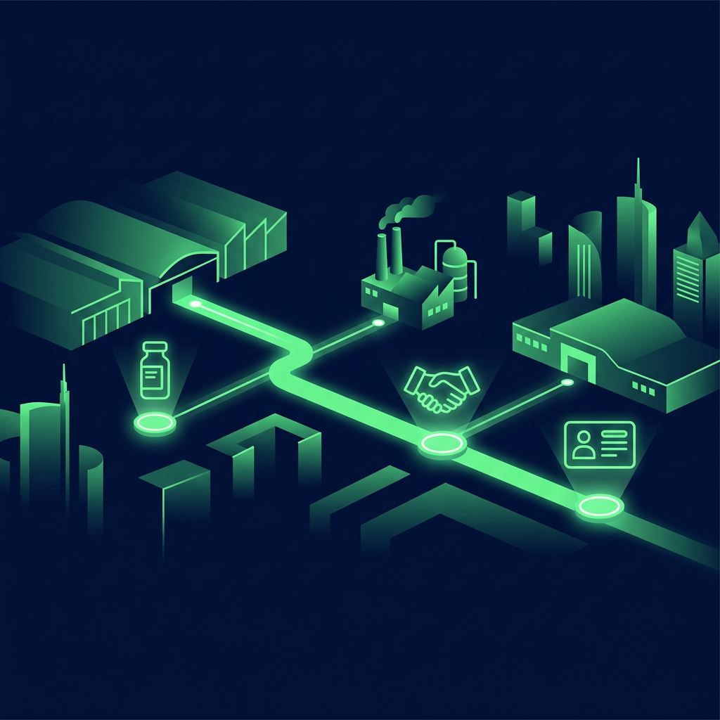 Text-free editorial vector scene on deep navy showing a luminous green route through an abstract Milan exhibition hall, with pharmaceutical vial, factory, handshake, and CRM-card icons connected by subtle light trails; spacious widescreen composition, no letters, numbers, labels, logos, or interface text.