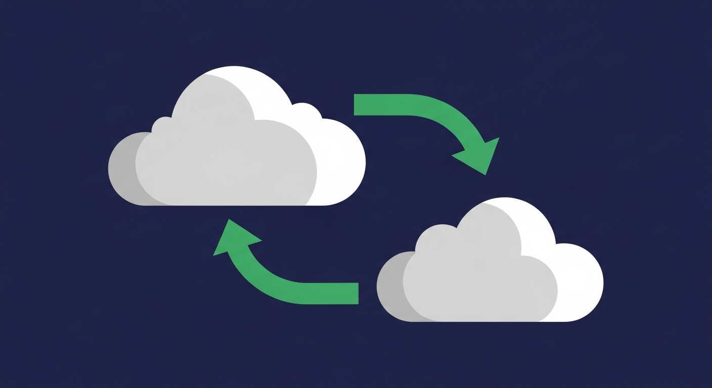 Editorial illustration of two cloud shapes connected by curved green arrows on a deep navy background, suggesting a clean prospect-to-CRM handoff.