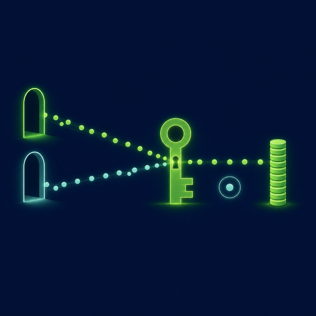 Two contact streams merging through a single record-matching gate.