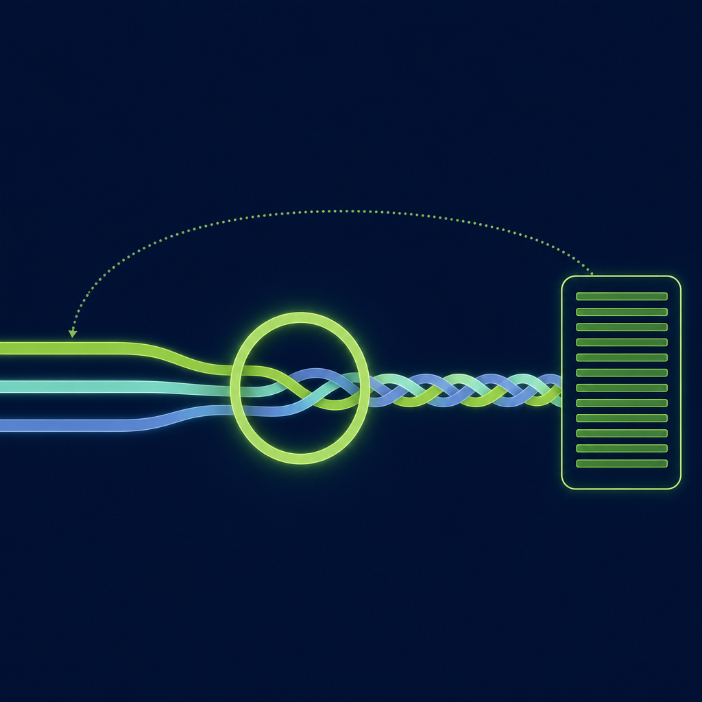 Text-free editorial vector illustration on a deep navy background: three parallel ribbons of light in spring green, pale teal and soft slate blue enter from the left, pass through one large glowing green ring and braid into a single ribbon that flows into a tall rounded cabinet holding a stack of thin green ledger bars, with a dotted arc looping from the cabinet back to where the ribbons begin.