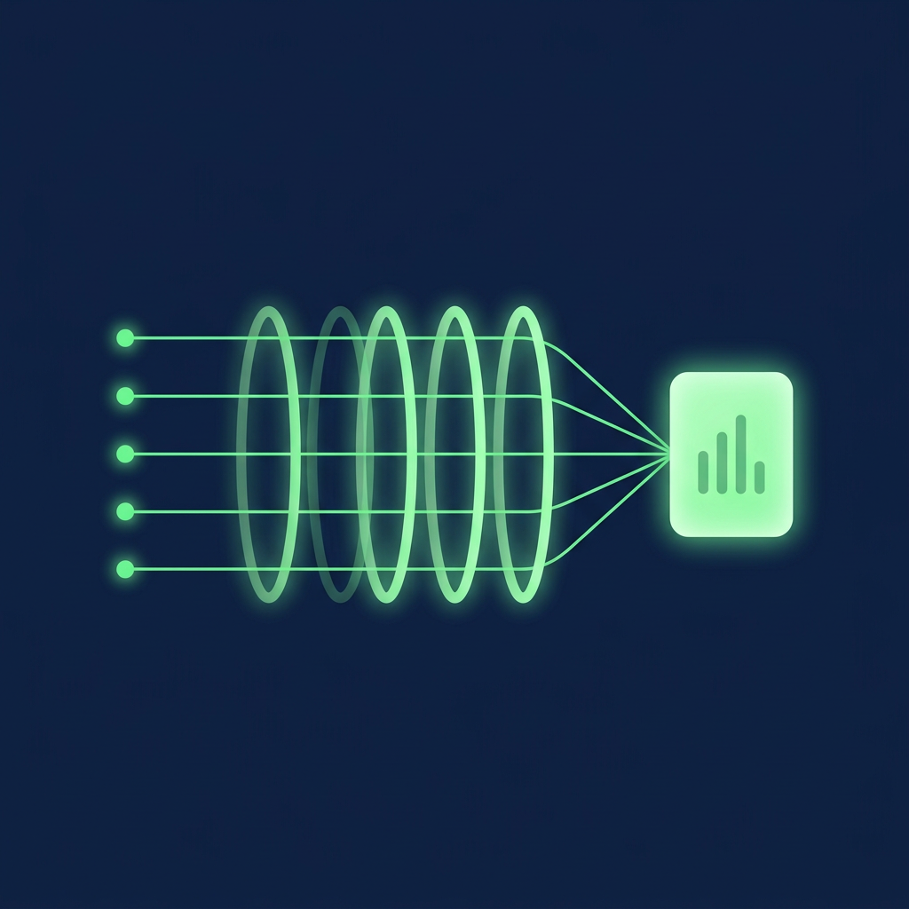Five glowing threads run from small source nodes through a row of rings and join into one bright panel of bars.