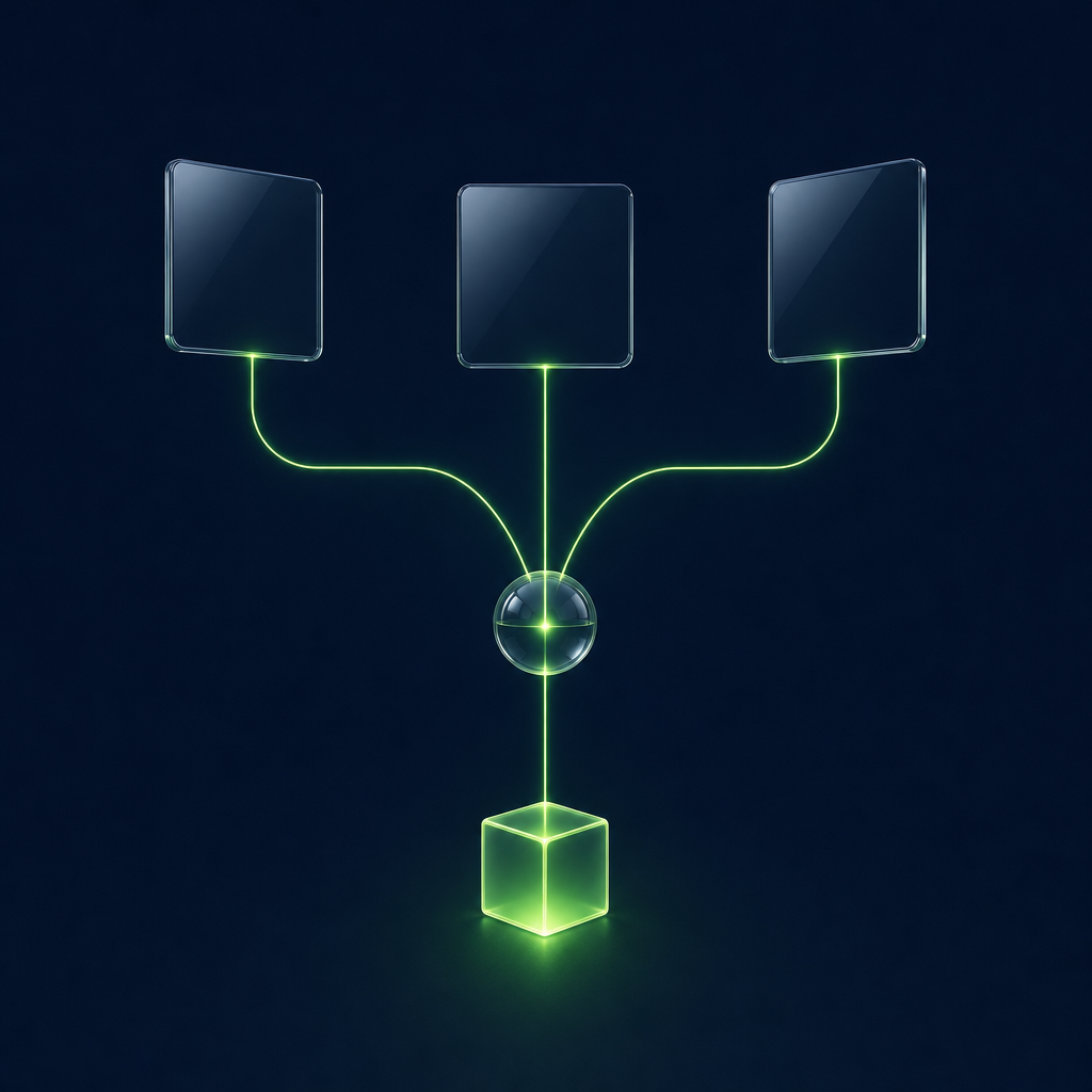 Three dark glass panels send green lines into one glass node, with a single green line leaving it toward a glowing green cube.