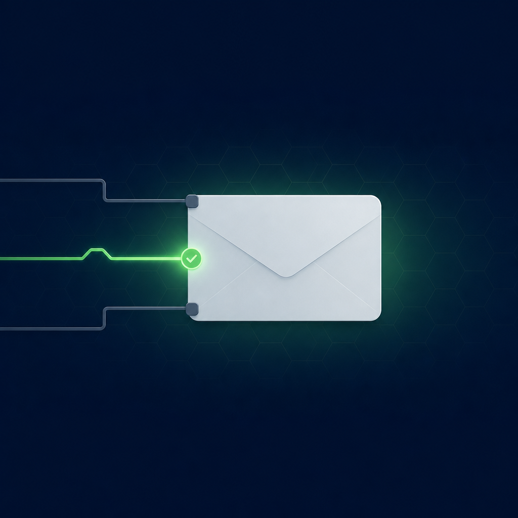 Text-free editorial vector illustration on a deep navy background: three thin circuit-board traces run from the left edge toward a single plain envelope card in the centre of a horizontal band; each trace ends in a small rounded port at the card's edge, and only the middle port is lit with a luminous green glow and sealed with a small round check-mark badge while the other two stay dim; a faint hexagonal grid sits behind the band; minimal, subtle glow, no letters, numbers, labels or logos.